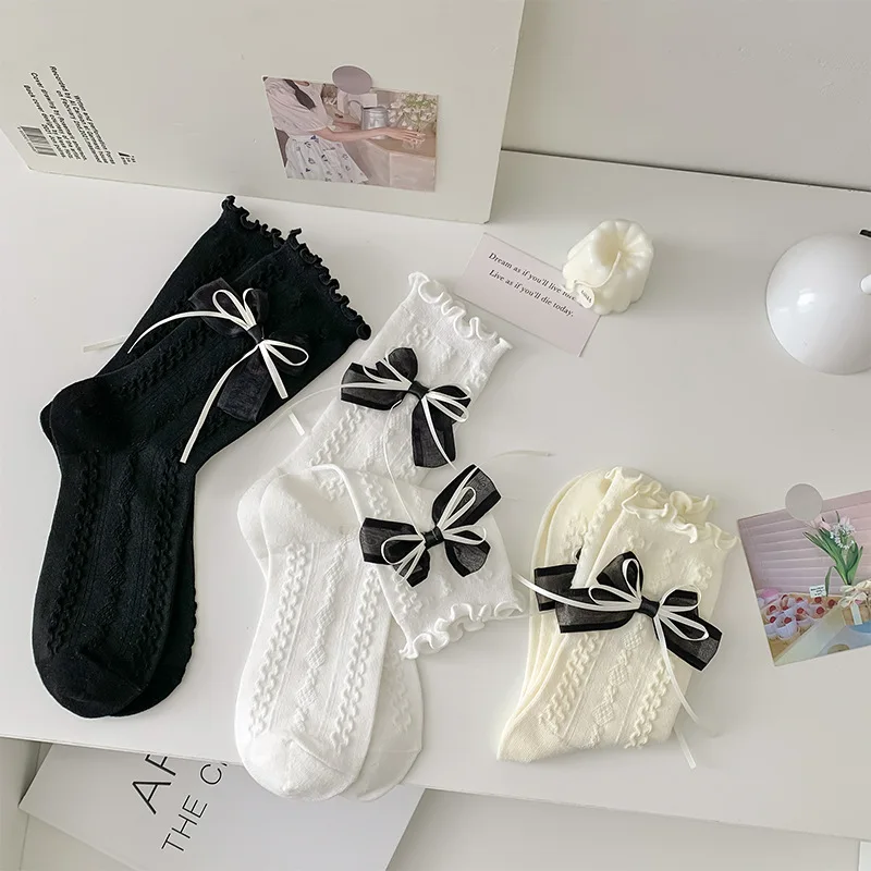 

3 Pairs Summer Breathable Women's Socks Lolita Lace Bow With Japanese JK Style Lovely White Cotton Thin