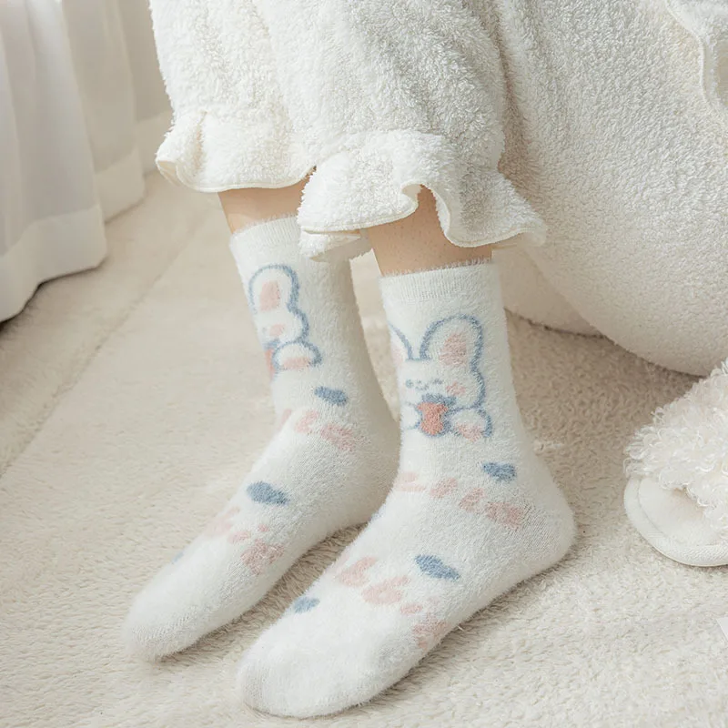 Sweet Pink Rabbits Bowknot Imitation Mink Socks Winter Plush Warm Home Sleeping Socks Ins Japanese Cartoon Cute Furry Tube Socks