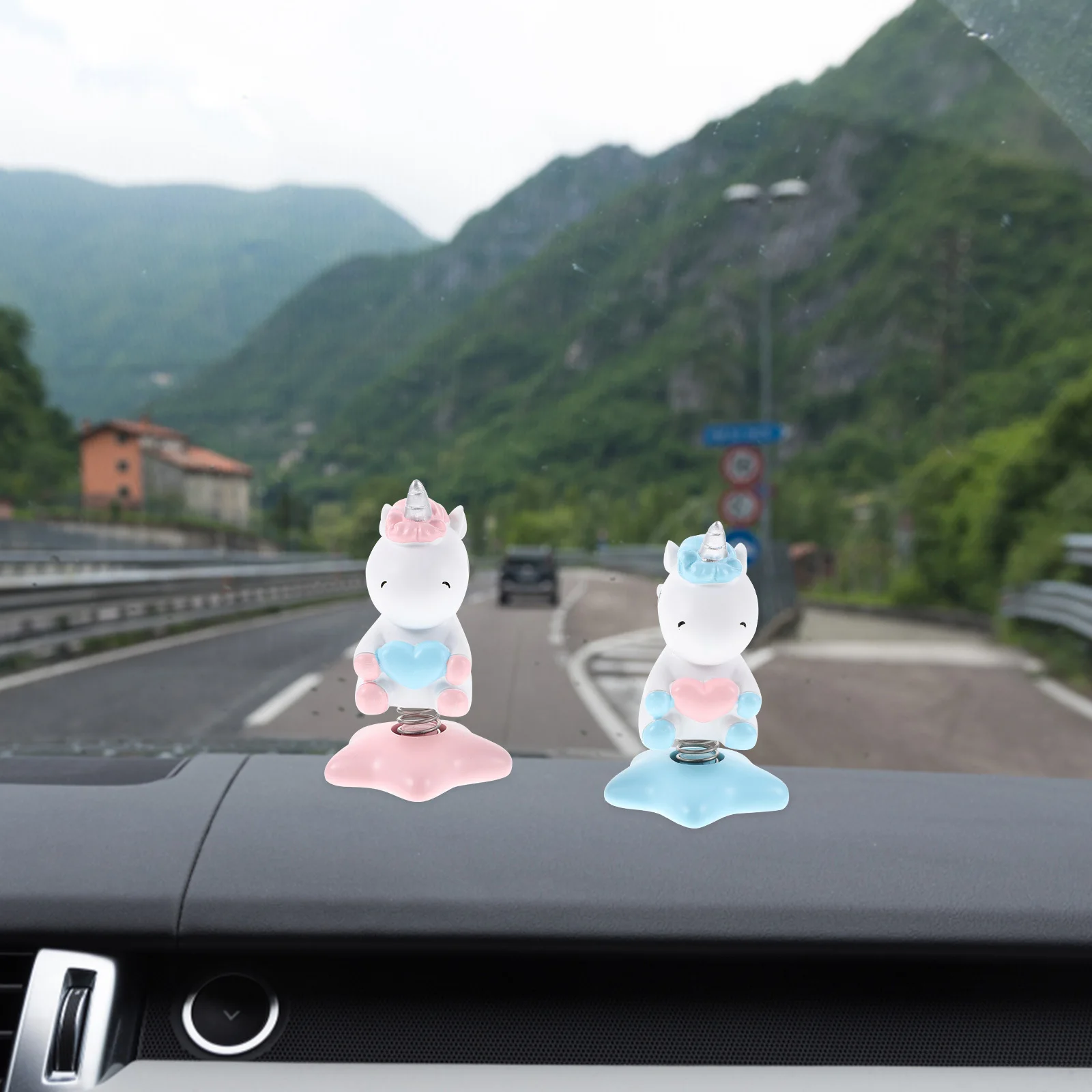 

2Pcs Resin Unicorn Dashboard Decor Cartoon Shaking Head Ornament Desktop Car Interior Small Statue Dashboard Decor