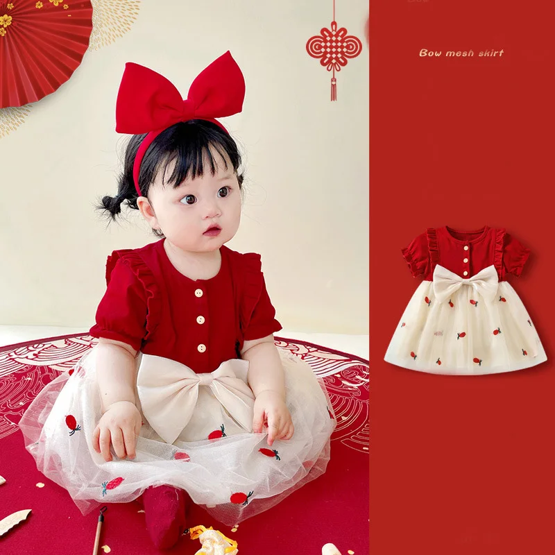 Baby Girl Summer Fashion Pineapple Embroidered Mesh Bow Bubble Sleeve Dress Girl Korean Fashion Party Dress