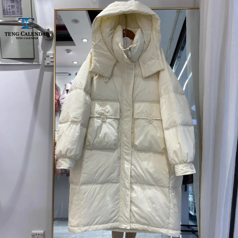 Korean style waist cinched hooded down jacket, medium to long thick and warm over the knee jacket, women 2025 winter new style