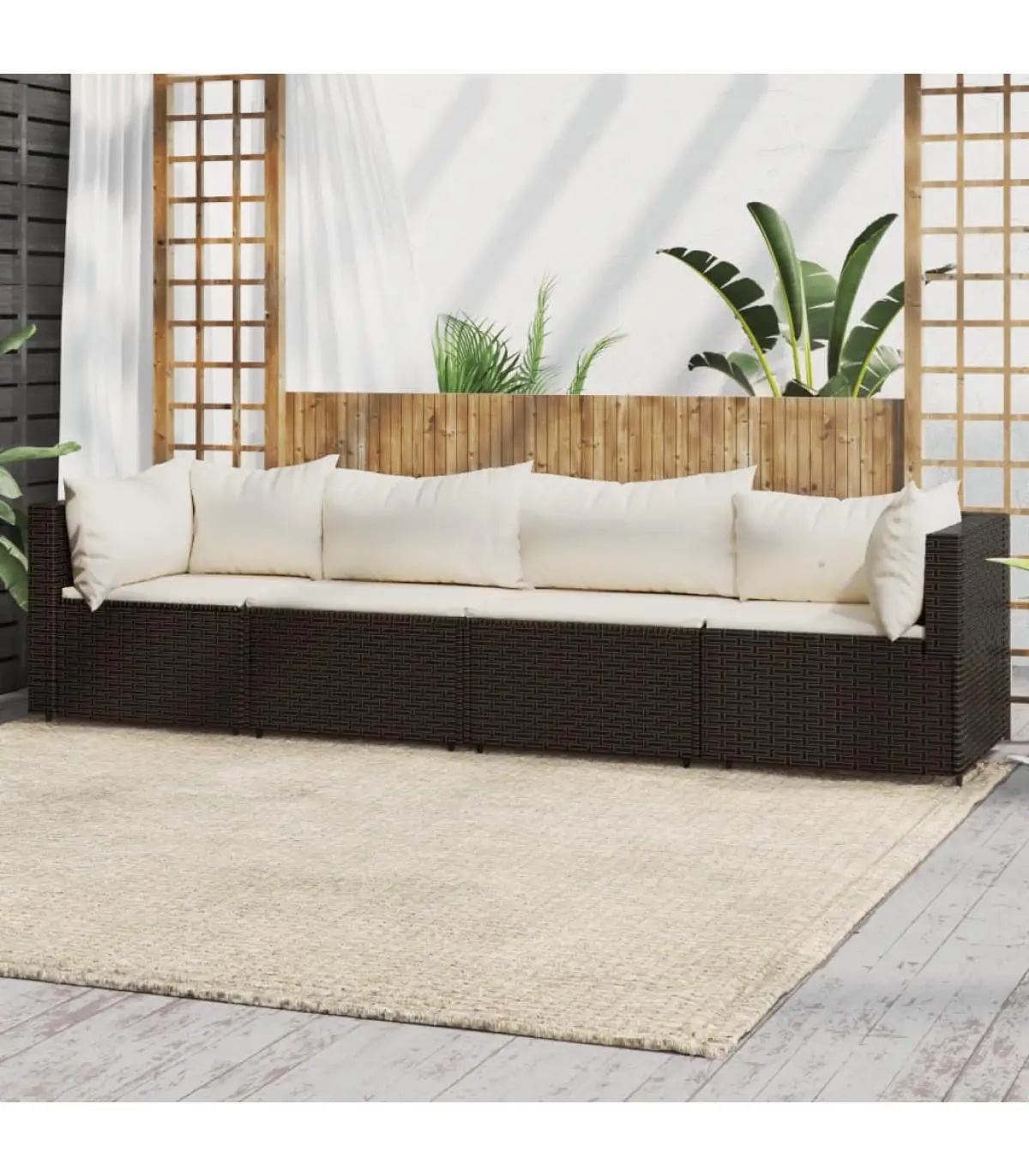 Outdoor sofas Set garden furniture 4 pieces and cushions synthetic brown rattan