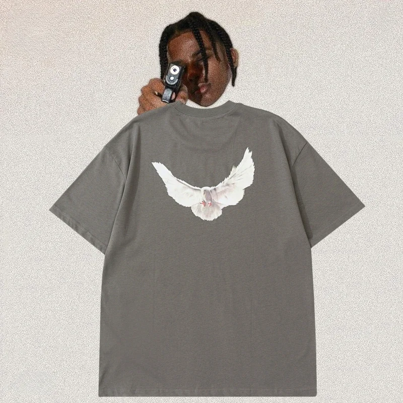 2025 YEEZY High Street Kanye Three Parties Joint Peace Dove Print Hip Hop Loose Casual Men's and Women's Short-sleeved T-shirt