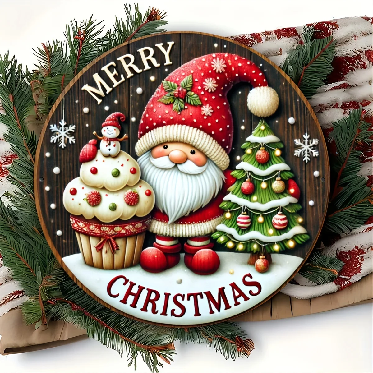 لافتة عيد الميلاد من الألومنيوم الريفية ثنائية الأبعاد، تصميم رجل الثلج باللون الأخضر الدائم | ديكور حائط للعطلات في المزرعة للاستخدام الداخلي/الخارجي #3