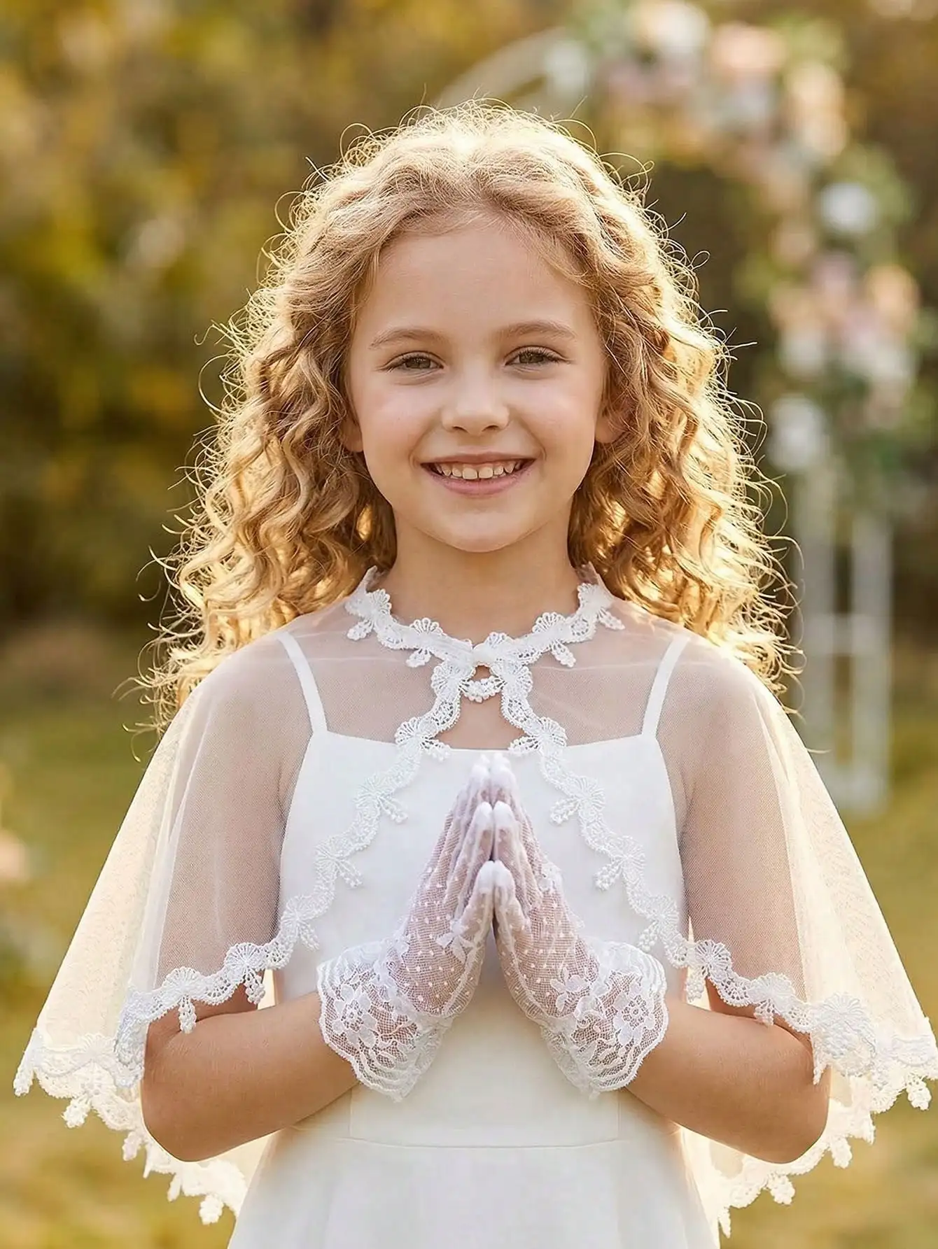 Immagine 6: Set di 2 Pezzi per Bambine 3-8 Anni: Sciarpa Bianca da Principessa + Guanti in Pizzo con Fiocco, Accessori per Matrimoni, Feste e Servizi Fotografici
