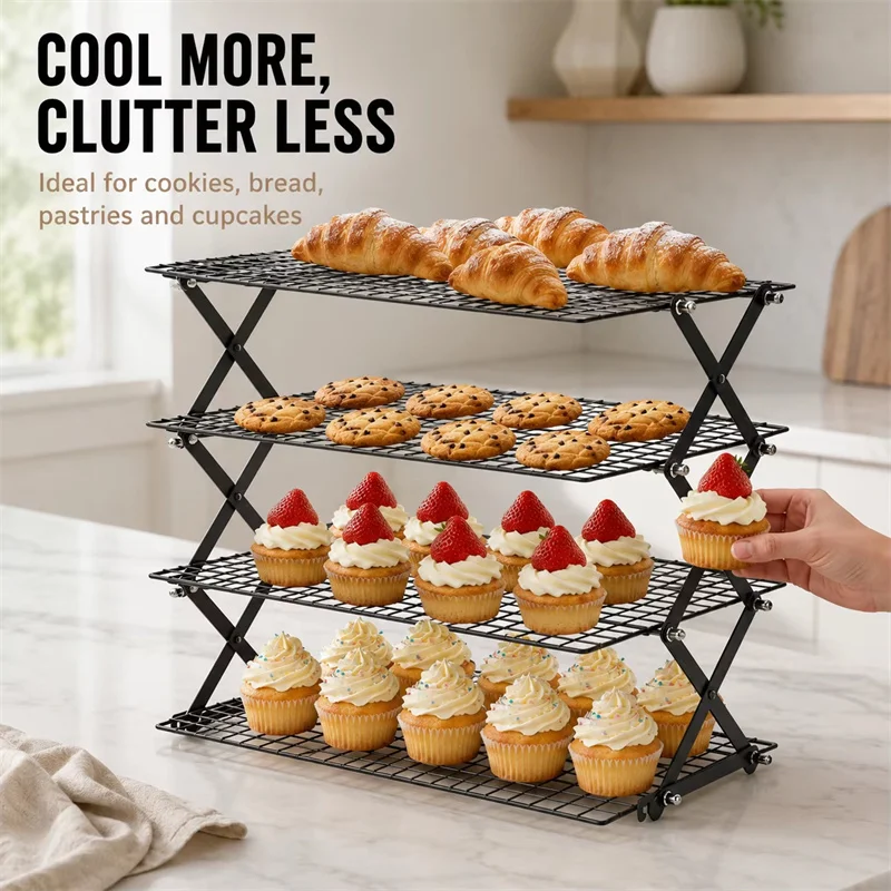 Foldable 2/3/4 Tier Cooling Rack For Baking Space Saving Stackable Wire Grid Cookie Cake Stand Easy Storage Baking Tools