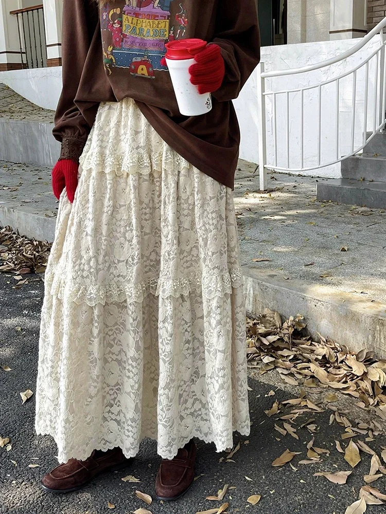 Korean Style Heavyweight Lace A-Line Skirt Women's Winter New Slimming High Waist Full Skirt Commute Style Embroidered 1111