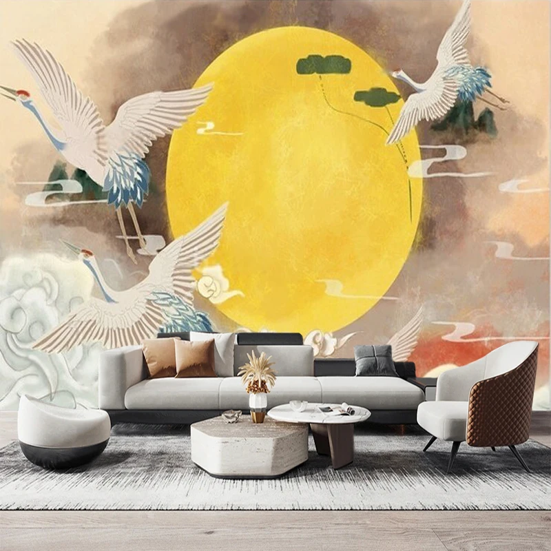 Modern Chinese-Style Aesthetic Dusk Setting Sun White Herons Fairyland Clouds Scenic Backdrop Atmosphere Background Wall