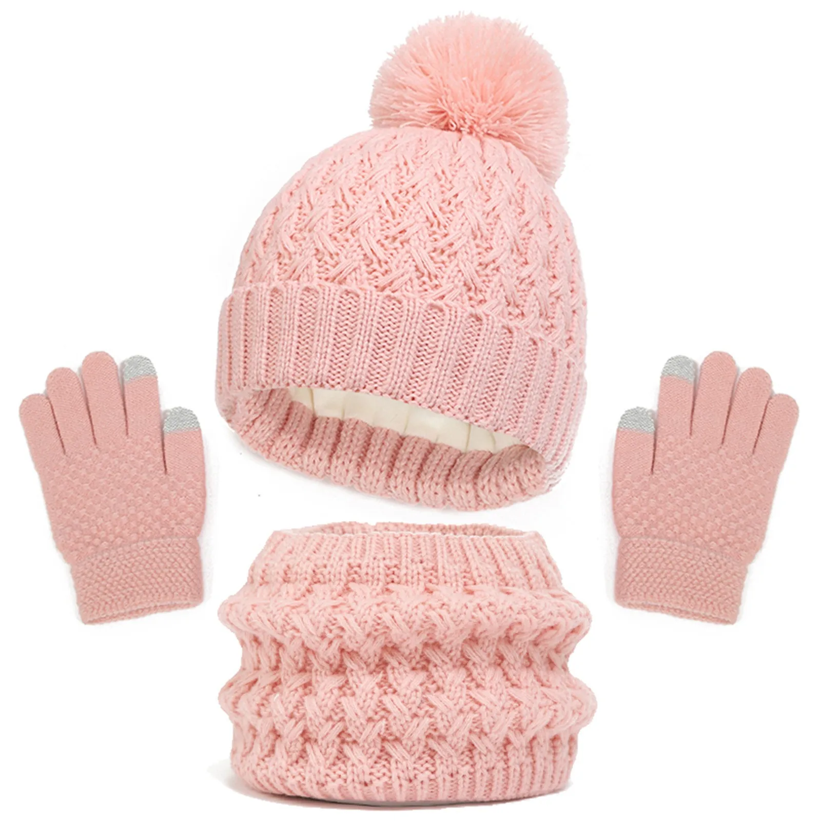 2024 Winter Kids Hat Gloves Scarf Set Girls Toddler Children Hats With Pom Knit Neck Warmer Gaiter Mittens Fleece Lined Set Hot