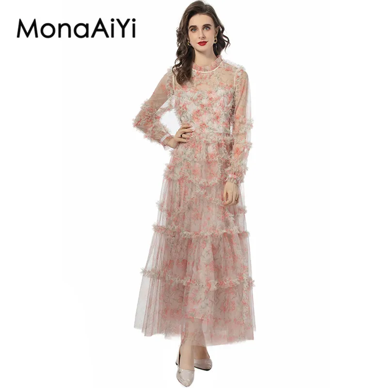 

MonaAiYi Spring Summer Women's Dress Stand Collar Long-Sleeved Mesh Edible Tree Fungus Edge Holiday Ball Gown S-4XL Dresse