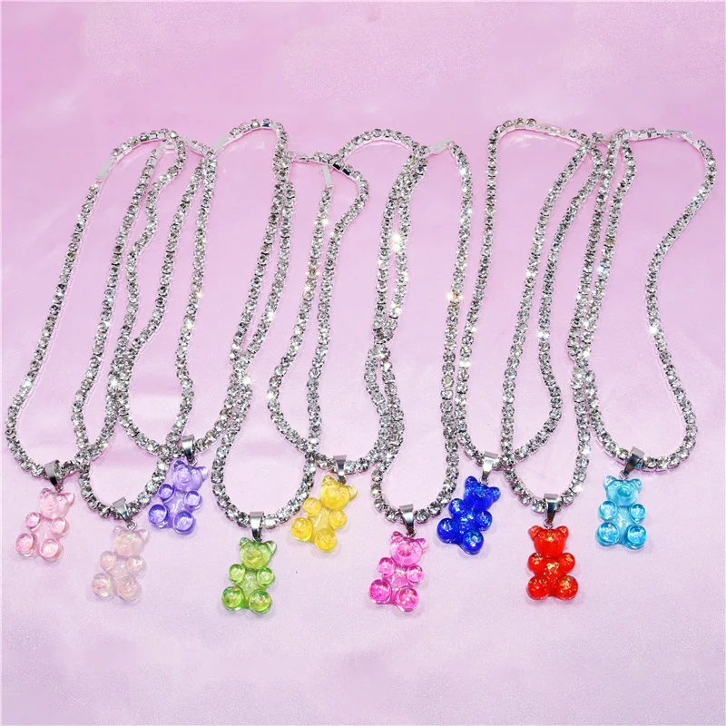 Handmade Rhinestone Colorful Jelly Teddy Bear Charm Necklace Hip Hop Gummy Pendant Crystal Accessories Chain Necklace Jewelry