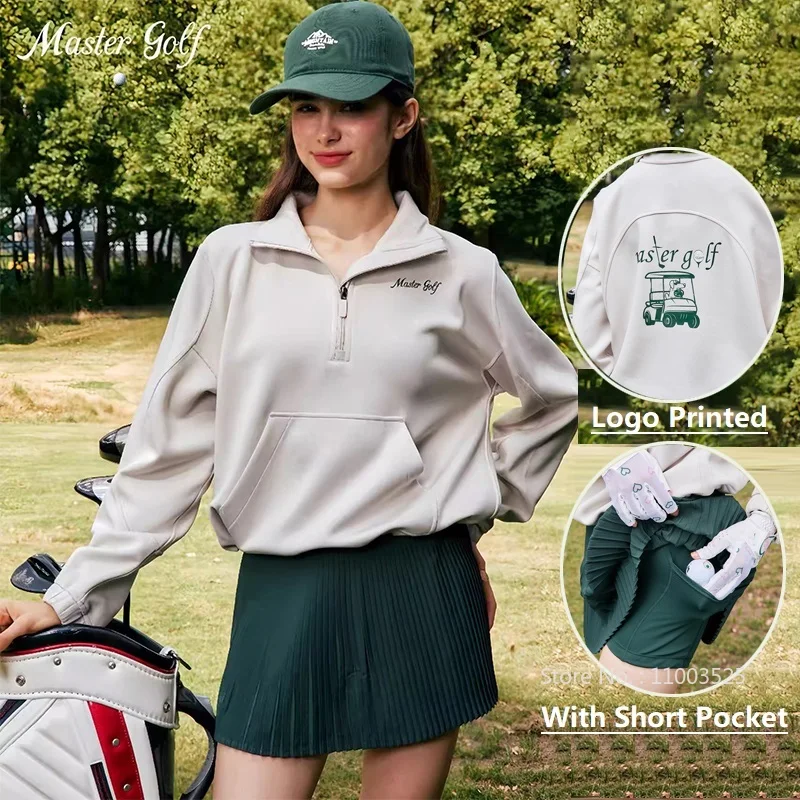 MG Golf Autumn Winter New Women Sweatshirt Warm Loose Sweater Tops Zipper Collar Pullover Ladies Pleated Golf Skirts Outfits