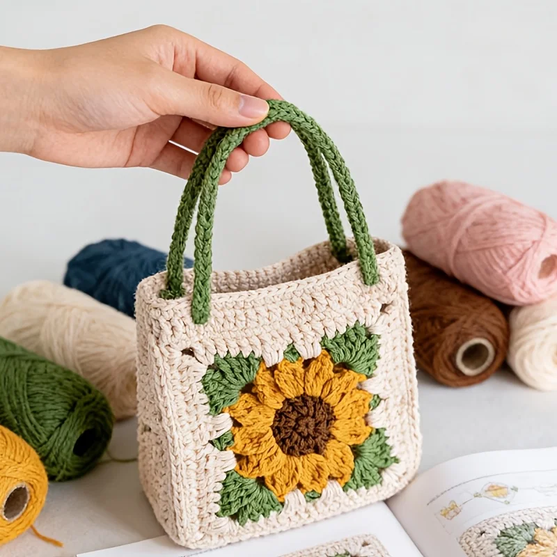 Kit de Material para Bolso de Mano con Diseño de Girasol [No es un Producto Terminado], Kit Completo de Crochet que Incluye Gancho de Crochet, Botones, Hilo, Instrucciones en Video en Inglés, Etc. Adecuado para bolsos de ganchillo DIY para mujeres adultas