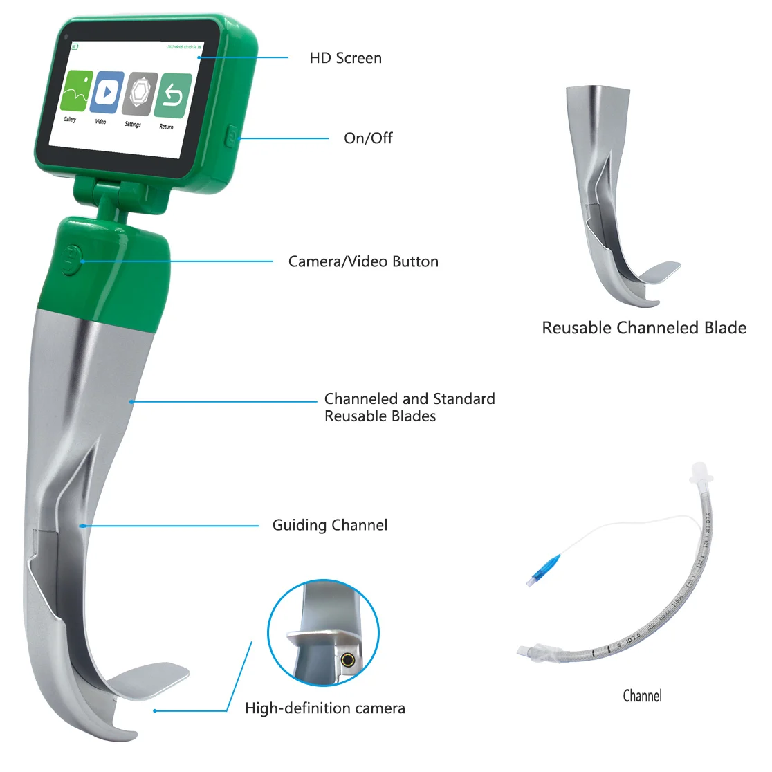 Video Laryngoscope with Guide Channel Reusable Blade for Adult