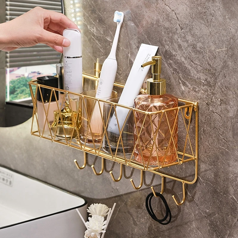 Shower Shelf Organizer Rack Bathroom Shelf No Drill Wall-Mounted Golden Iron Toiletries Storage Rack with Hook for Shampoo Home