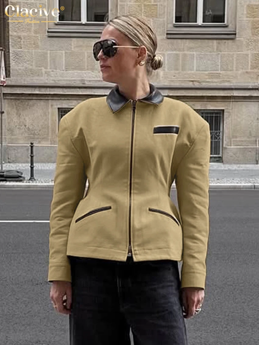 

Clacive Fashion Loose Yellow Cotton Women's Coats 2025 Winter Lapel Long Sleeve Jacket Elegant Classic Top Female Clothing