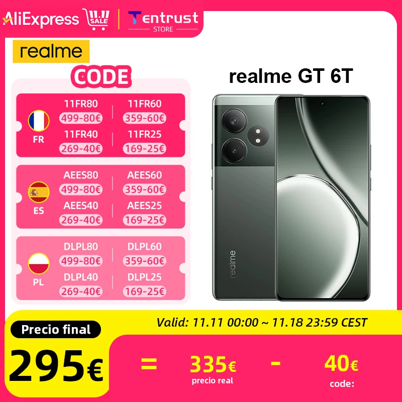 Global Version realme GT 6T 5G Smartphone 6000nit Hyper Display 120W SUPERVOOC Charge Snapdragon 7+ Gen 3 5500mAh Battery 50MP