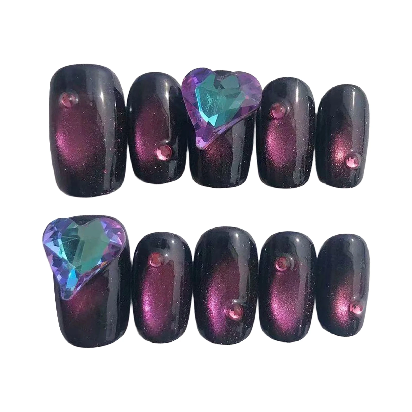 Women's Press on Nails Wedding Party Cat-Eye Resin False Tips 3D Heart Rhinestone Handcrafted Manicure Set Elegant Chic