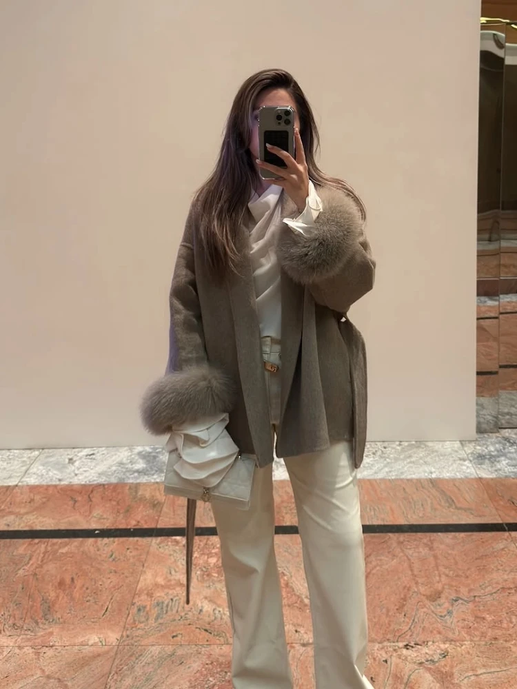 Dámské vintage kabáty s dlouhým rukávem a opaskem z tvídu, otevřené kabáty, 2025, dámské podzimní ležérní bundy pro ženy, klopy, plyšové kabáty z umělé kožešiny - náhled 3