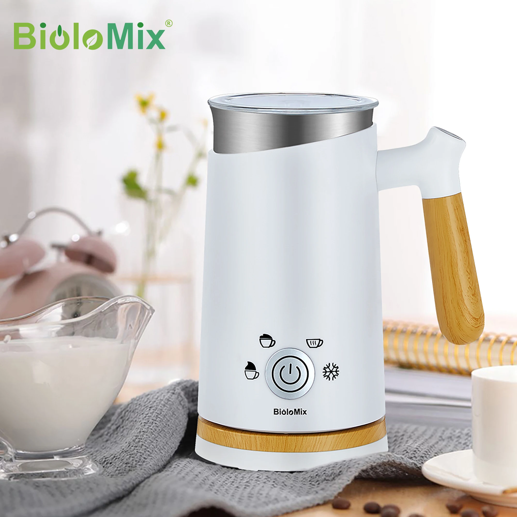 BioloMix Milchaufschäumer 4 in 1 Elektrische Milch Dampfer für Heiße und Kalte Milch Schaum Kaffee Schaum Maker für Cappuccino, latte, Heiße Milch