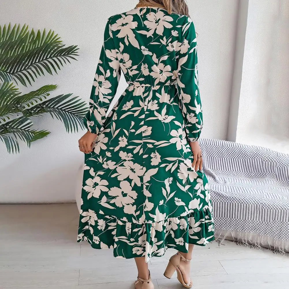 Tight Waist Dress Elegant Floral Print V Neck Midi Dress with Ruffle Hem Women's Spring Fall A-line Dress for Dating Shopping