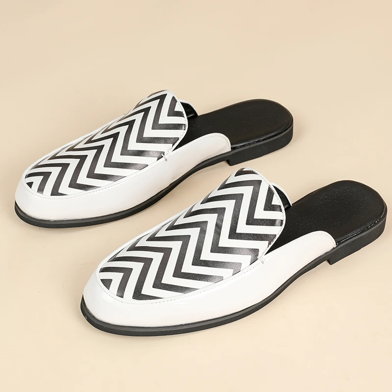 Men Striped Closed Toe Mules Slip On Flats Sneakers Leather Half Slippers Slide Sandals Backless Casual Shoes Plus Size 38-46