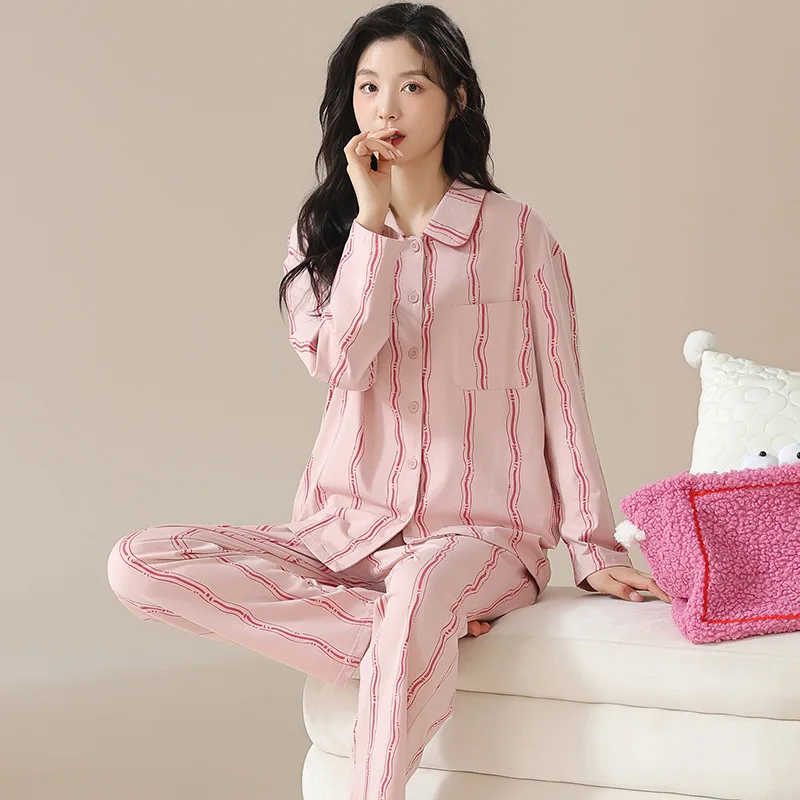 

Spring Autumn Women's Thin Pure Cotton Pajamas Long Sleeve Cardigan Pants Oversized Home Clothing Sweet Printed Sleepwear