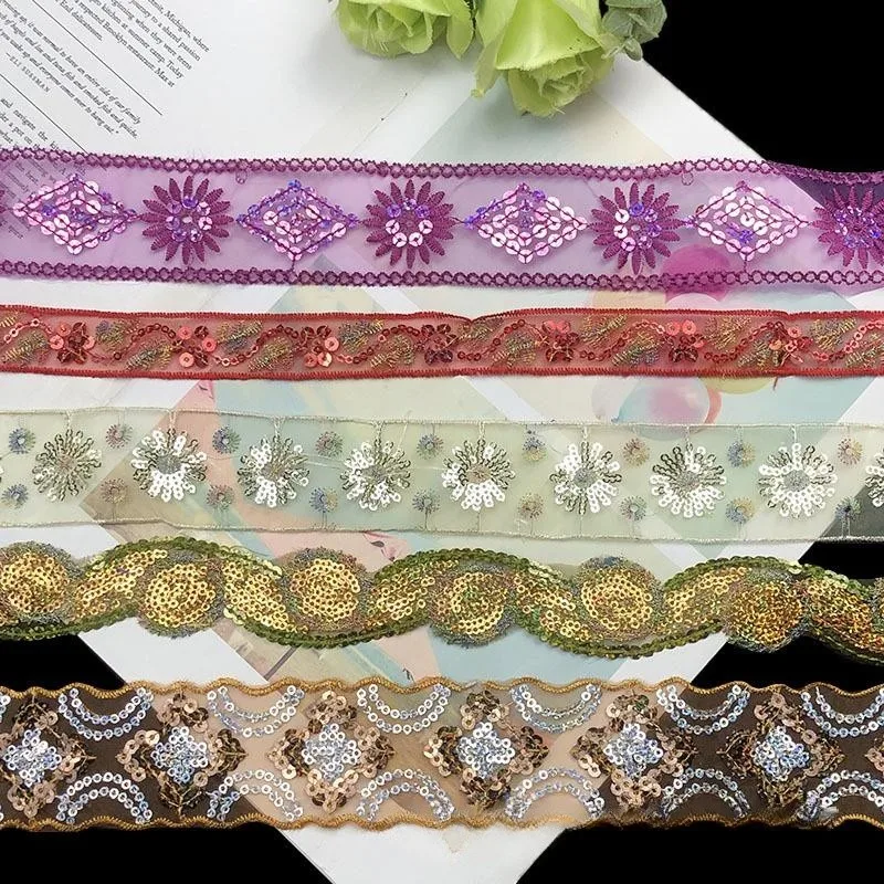 1 Yards Lace Fabric Sequins  Embroidered Ribbon Collar Trim Applique for Wedding Sewing DIY