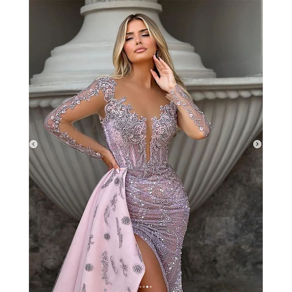 Pink Long sleeved Split Evening Dress New Fashionable and Elegant Decal Ladies Formal Occasion Gown vestidos de noche