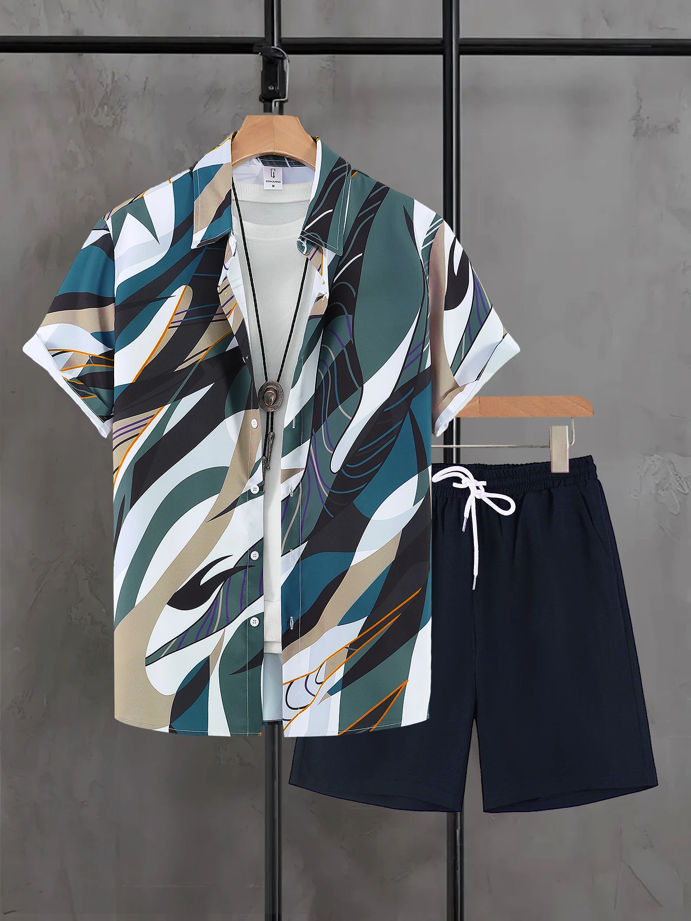 

Men's 2 Piece Hawaiian Outfits, Abstract Art Print Cuban Collar Shirt & Navy Shorts Set