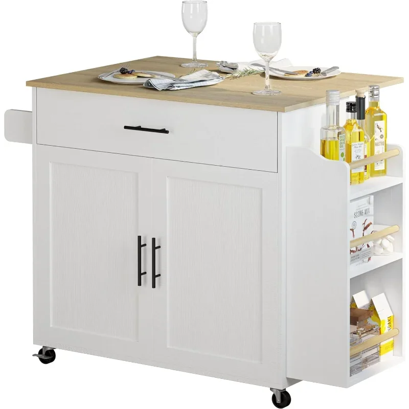 Kitchen Island with Storage, Rolling Kitchen Island on Wheels with Drop Leaf, 3 Open Spice Rack Shelf, Door Cabinet