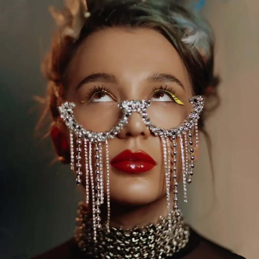 

New rhinestone glasses frame fashion personality exaggerated fringe face accessories