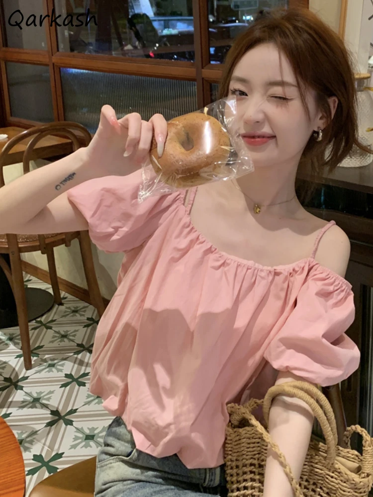 Blouses Women French Style Sweet Tops Off Shoulder Loose Aesthetic Streetwear Tender Summer Girlish Classic All-match Clothing