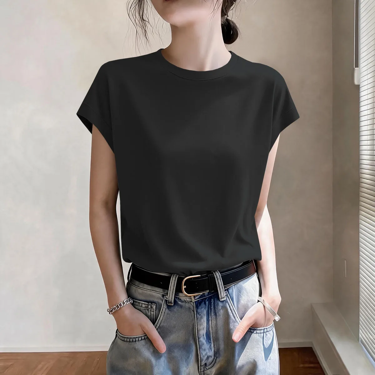 Summer New round Neck Sleeveless Women's Loose Slimming Korean Style Top Artistic Retro plus Size Ladies' T-shirt Casual Styl...