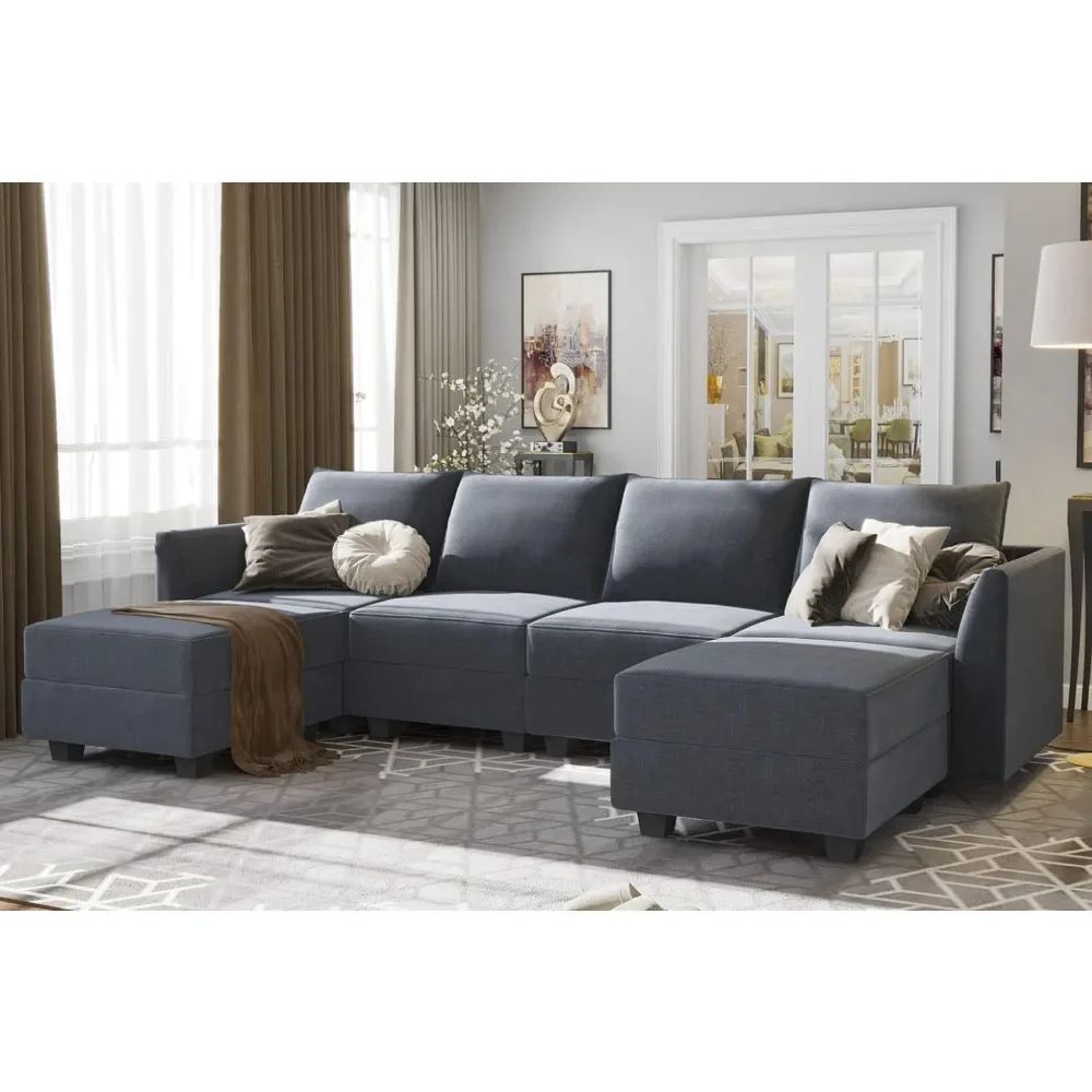 Modular Sectional Sofa U Shaped Modular Couch with Reversible Chaise Modular Sofa with Storage Seats, Bluish Grey