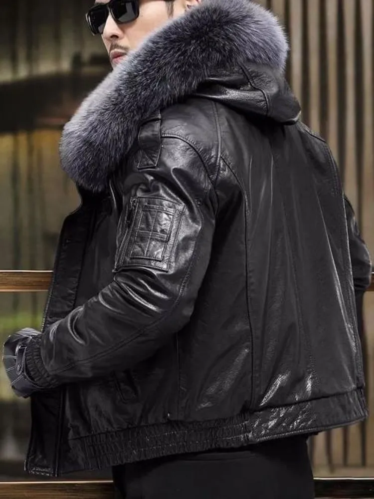Business Casual Style Long Sleeves Hooded Genuine Leather Down Coat Solid Color Single-Breasted Pocket Male Cowhide Outerwear