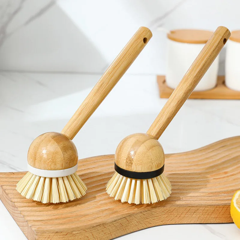 4141 Bamboo Brush Kitchen Multifunction Cleaning Brush Solid Wood Fruit Vegetable Brush Kitchen Long Wooden Handle Brush