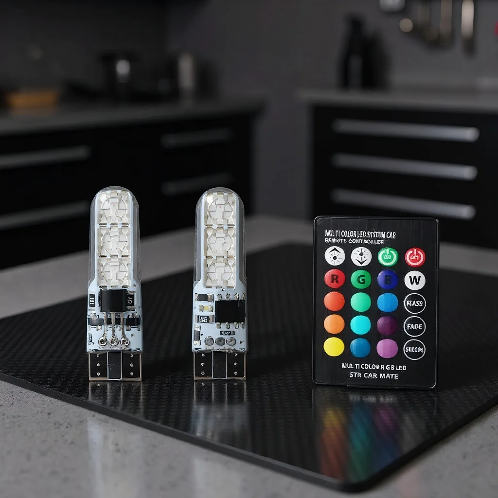 

2 водонепроницаемые светодиодные лампы T10 W5W — 6SMD RGB, 7 цветов, пульт дистанционного управления со стробоскопом