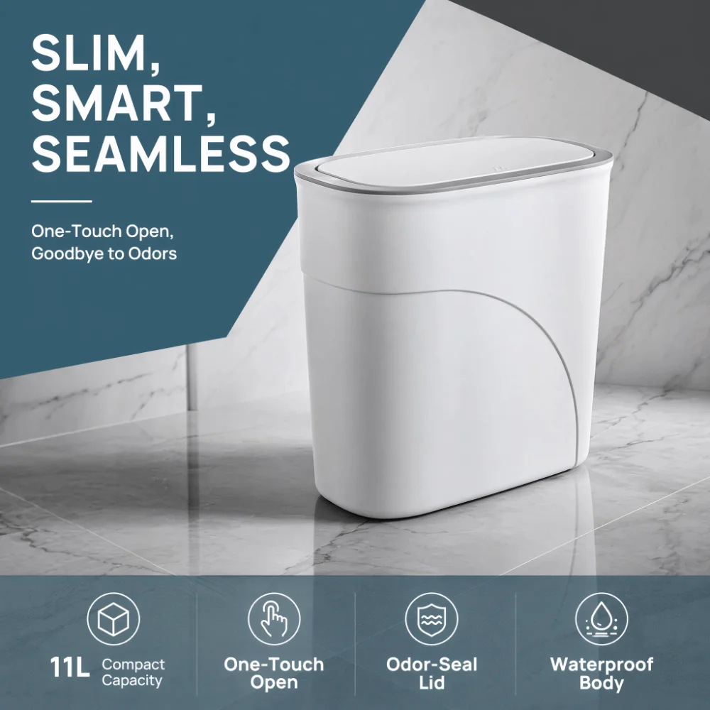 Slim Narrow Gap 11L Bathroom Trash Can with Lid Seamless Waterproof Garbage Bin Odor-Free One-Touch Pop-Up Living Room Dustbin