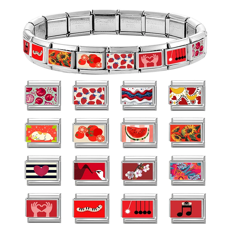 Y2K Watermelon Dog Tomato Heart Flower Red Italian Charm Link Fit 9mm Stainless Steel Jewelry DIY Making Bracelets For Gifts