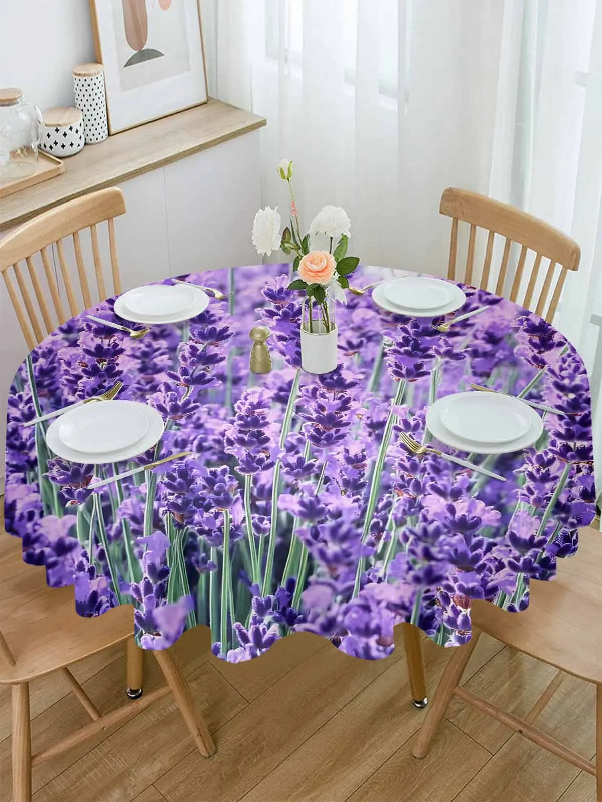 

Purple Lavender Flowers Print Round Table Cloth Festival Dining Tablecloth Waterproof Table Cover for Wedding Party Decor