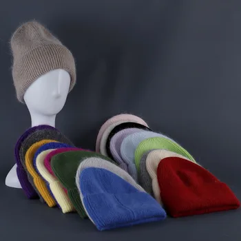 Gorros de pele de coelho macio quente fofo chapéu de inverno para mulheres angora chapéu de malha crânios gorros feminino gorro quente mulher malha boné