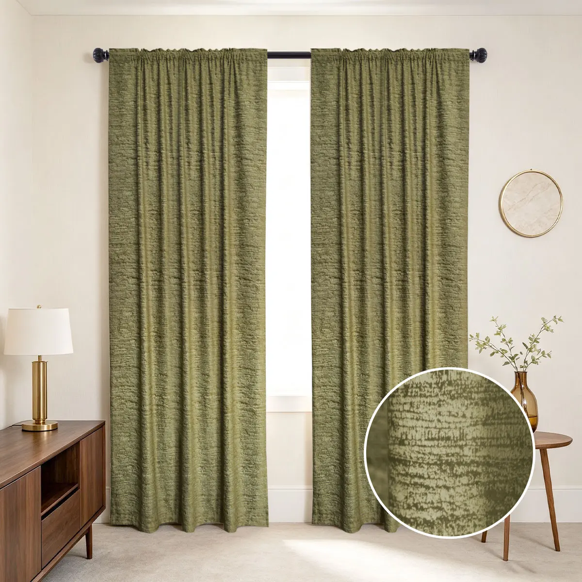2Pcs Coffee‑Brown Textured Jacquard Curtains, Retro Mid‑Century Style, Rod‑Pocket Thick Blackout Drapes for Living Room Bedroom
