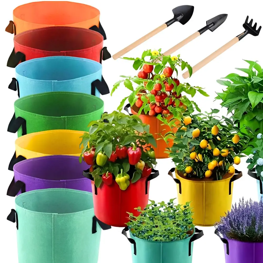 6pcs 5 Gallon Random Color Fabric Grow Bags & Mini Garden Hand Tools Set for Tomato Pepper Vegetables Flowers YMY