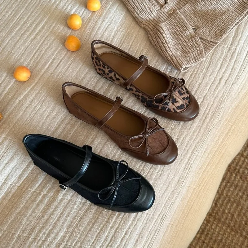 

Туфли Мэри Джейн с бантом Design Sense, 2026, универсальные одинарные туфли на плоской подошве с леопардовым принтом в стиле ретро