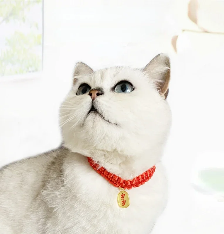 1pcs Red Handmade Woven Cat Collar Hanging Pendant Necklace Collar Lucky Bless Tag Adjustable Puppy Kitten Pet Necklace