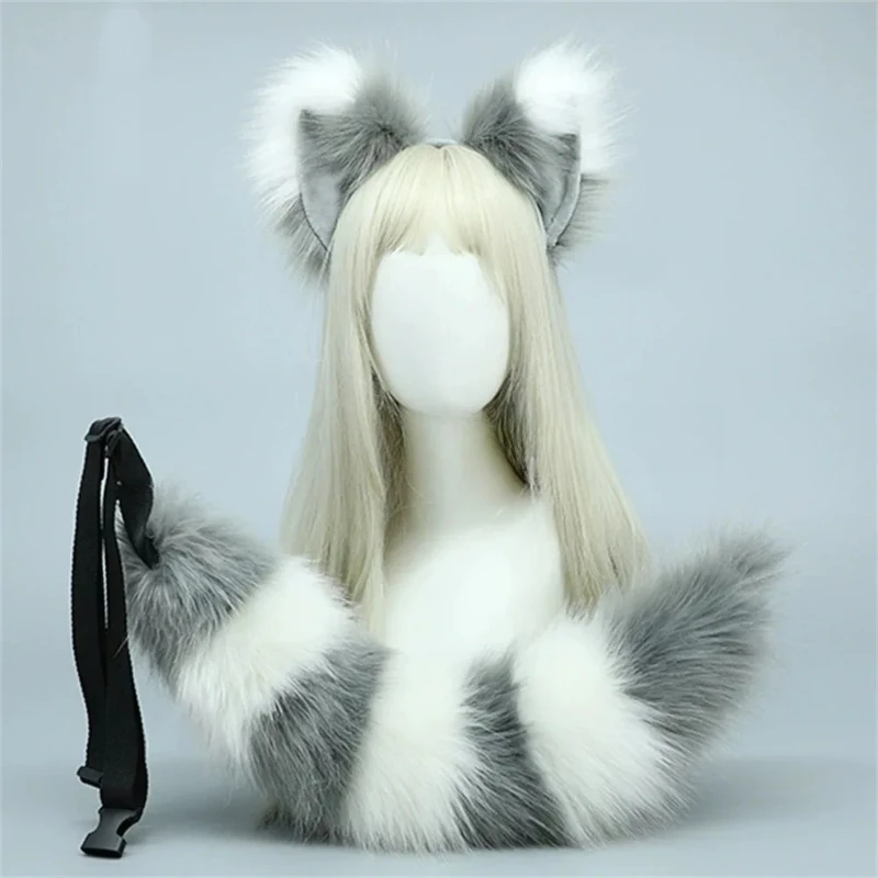 ZOETOPKID 2Pcs Set Furry Animal Raccoon Cat Tail Fur Plush Fox Ears Headband Props Halloween Cosplay Costume Accessories