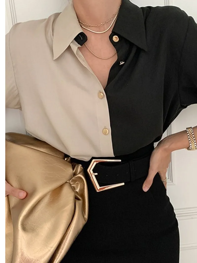 2024 Korean chic autumn color blocking design temperament leisure versatile color matching long sleeved shirt Thin style DVSE