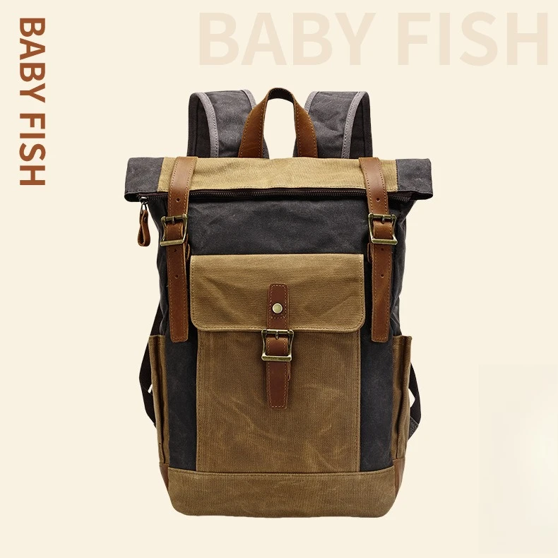 Retro men's shoulder travel bag waterproof canvas leather splicing large capacity computer storage women's leisure backpack