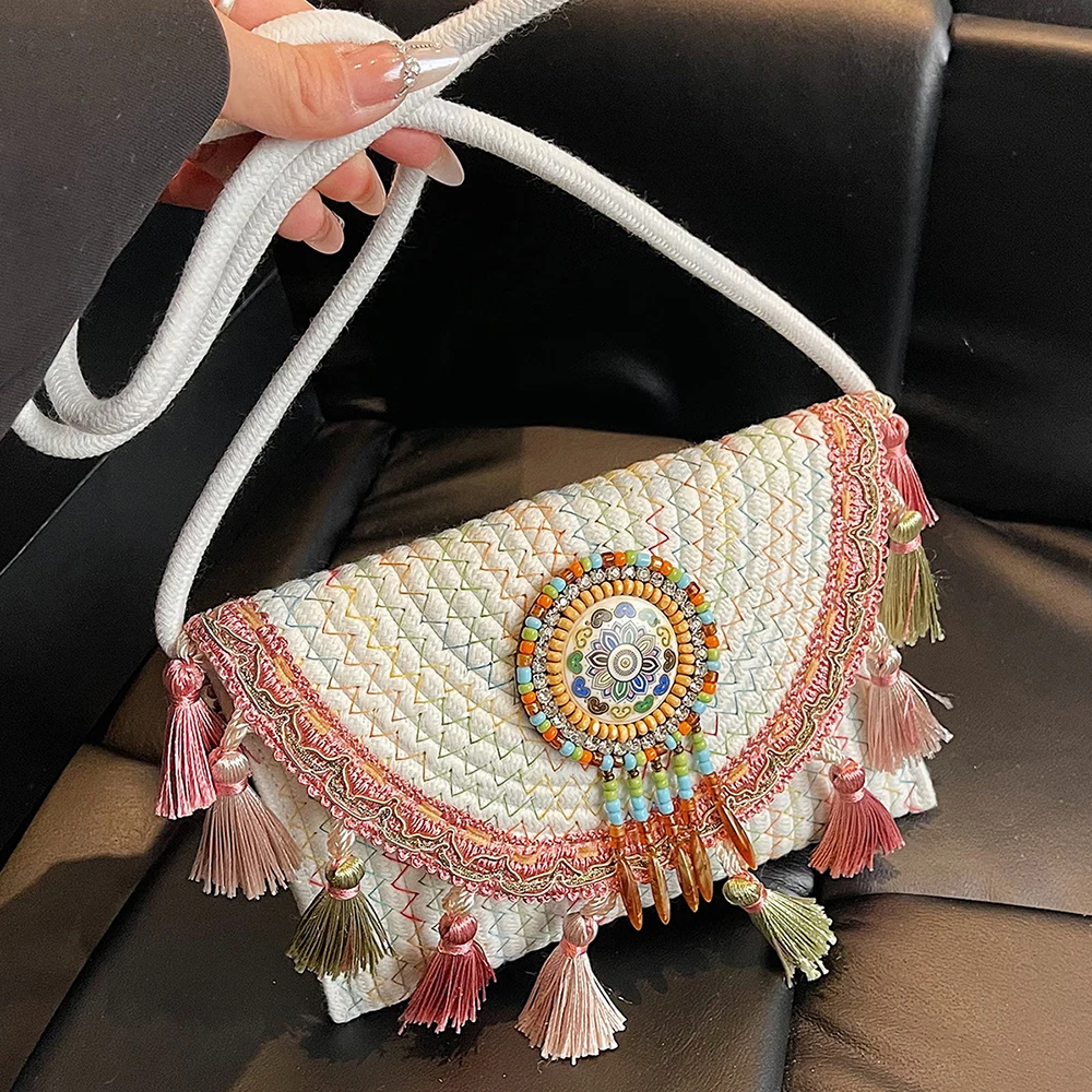 

Bohemian Style Tassel Woven Bag Women Summer Exquisite Straw Beach Bag Crossbody 2025 Retro Boho Square Envelope Messenger Bags
